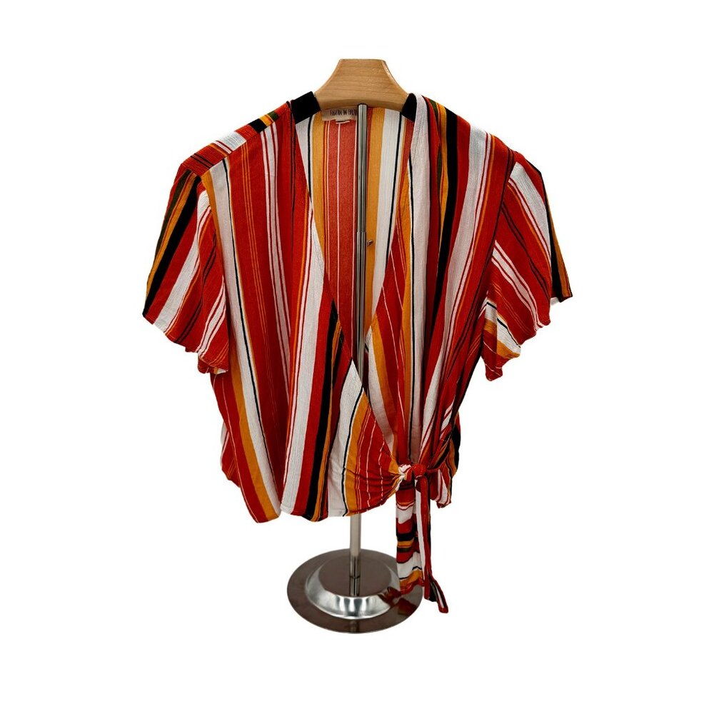 Fashion Union Red Orange Striped Short Sleeve Wrap Tie Front Crop Top‎ Blouse